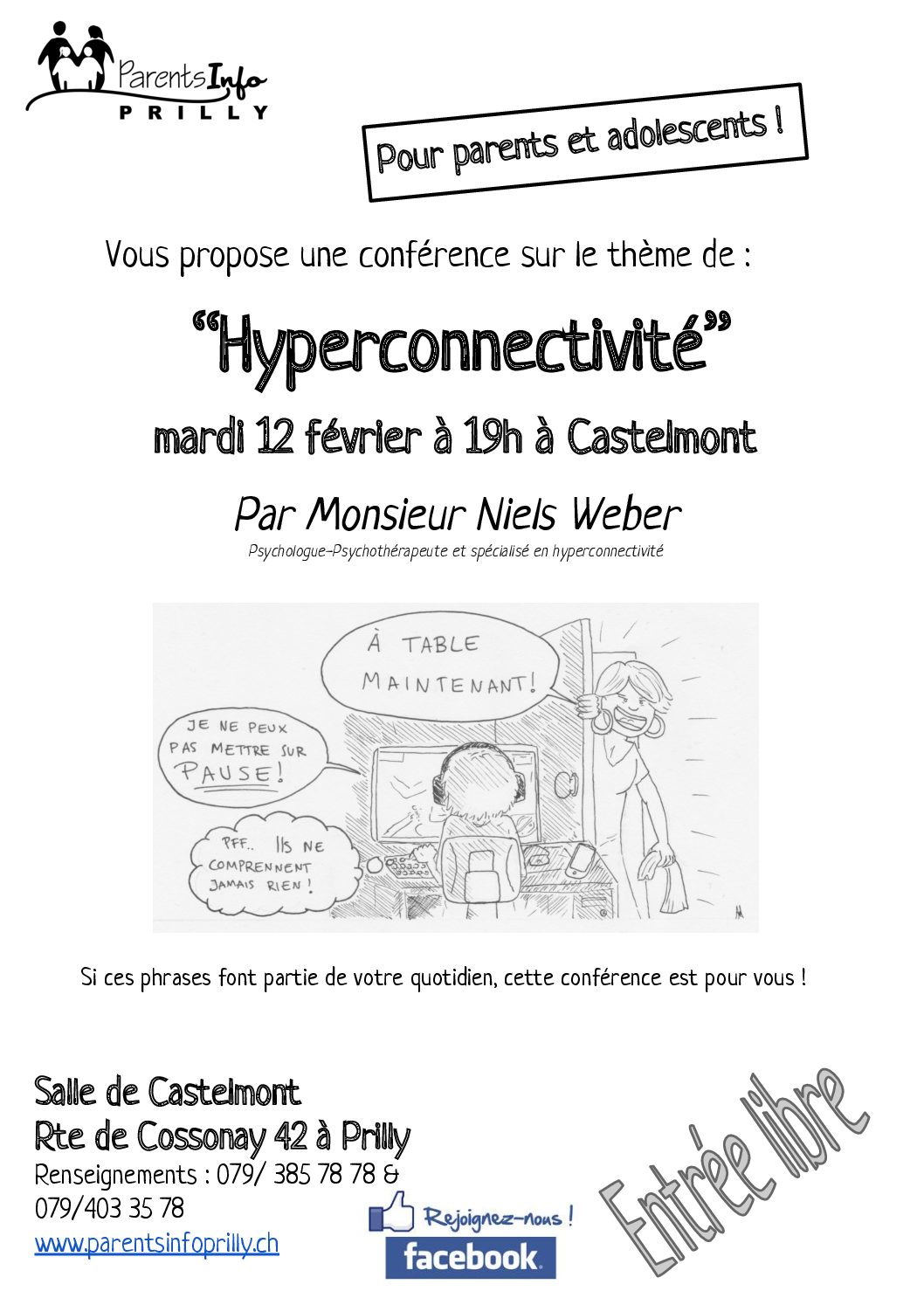 Conférence-débat parents-ados, « Hyperconnectivité », Association de parents de Prilly